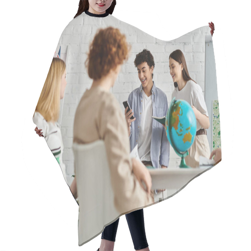 Personality  Teenagers Participate In A UN Model, Engaging In Animated Conversation And Displaying A Globe. Hair Cutting Cape