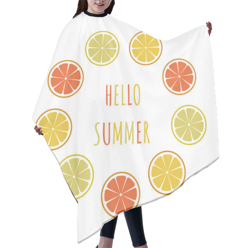 Personality  Fresh Citrus Fruits With Circle Frame. Lemons, Oranges, Tangerines, Limes And Grapefruit. Hello Summer. Vector Illustration Hair Cutting Cape