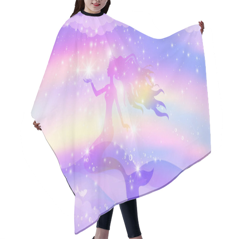 Personality  Silhouette Of A Princess Mermaid Swimming In The Sea Against The Background Of A Rainbow Sky With Stars. Hair Cutting Cape