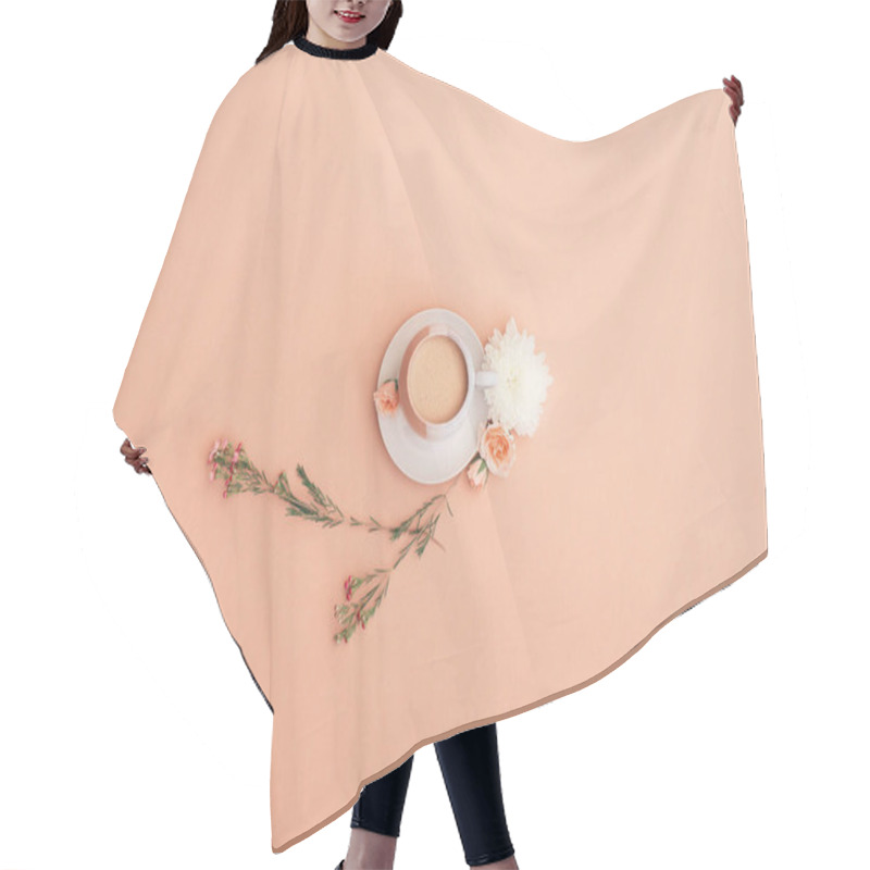 Personality  A Serene Coffee Moment With Delicate Flowers On A Soft Pink Background. Hair Cutting Cape