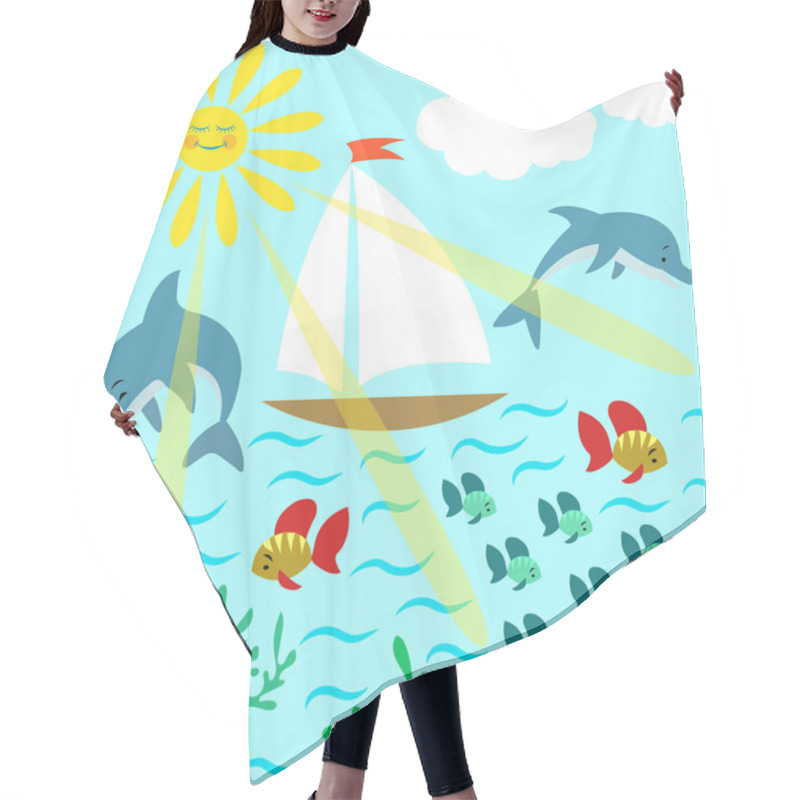 Personality    Sea, Sun, Boat, Dolphins   Hair Cutting Cape