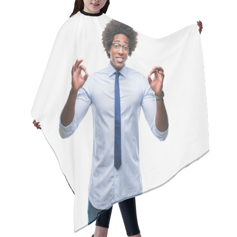 Personality  Afro American Business Man Wearing Glasses Over Isolated Background Relax And Smiling With Eyes Closed Doing Meditation Gesture With Fingers. Yoga Concept. Hair Cutting Cape