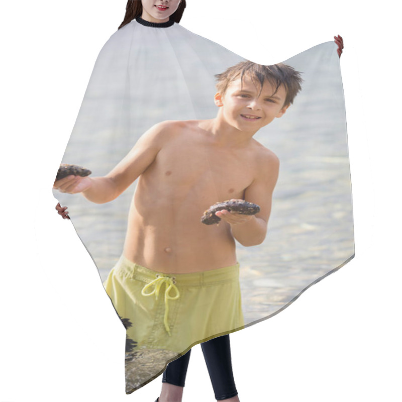 Personality  Preteen Child, Hodling Mediterranean Sea Cucumber On The Beach Hair Cutting Cape