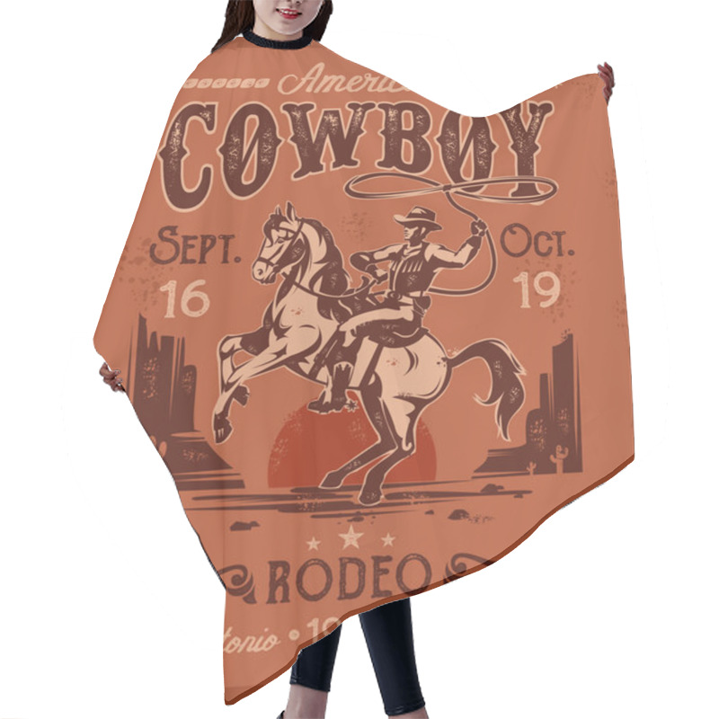 Personality  Rodeo Poster With A Cowboy Sitting On  Rearing Horse In Retro Style Hair Cutting Cape