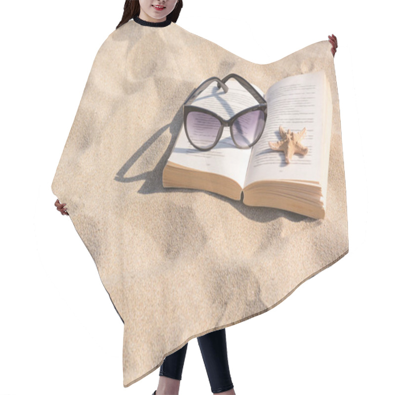 Personality  Beautiful Sunglasses, Book And Starfish On Sand, Space For Text Hair Cutting Cape