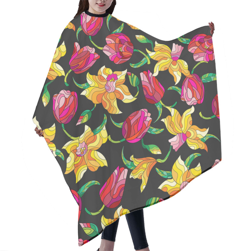 Personality  Seamless Background With Spring Flowers In Stained Glass Style, Flowers, Buds And Leaves Of Daffodils And Tulips On A Dark Background Hair Cutting Cape