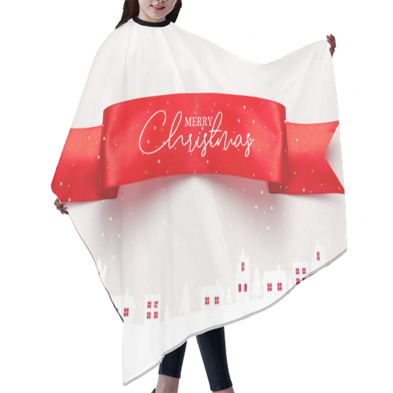 Personality  Top View Of Red Satin Ribbon With Merry Christmas Lettering Near Houses And Pines On White  Hair Cutting Cape