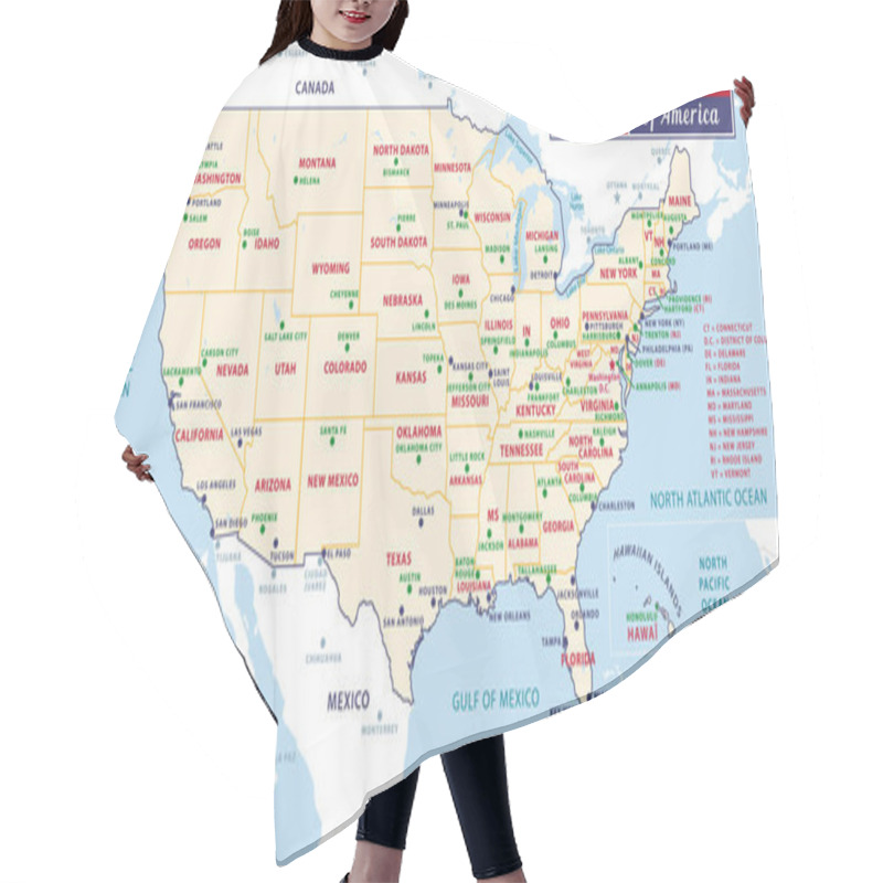 Personality  States Capitals Of The United States Of America. Beautiful Modern Graphic Vector USA Map. Alaska And Hawa. Pastel Tones. Hair Cutting Cape