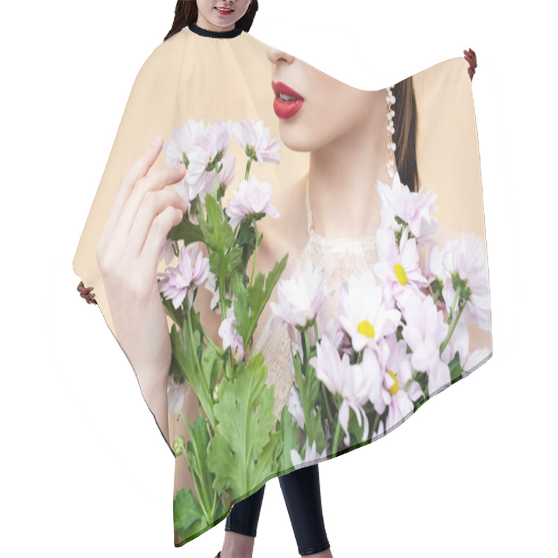 Personality  Cropped View Of Young Woman Holding Blooming Flowers Isolated On Beige  Hair Cutting Cape