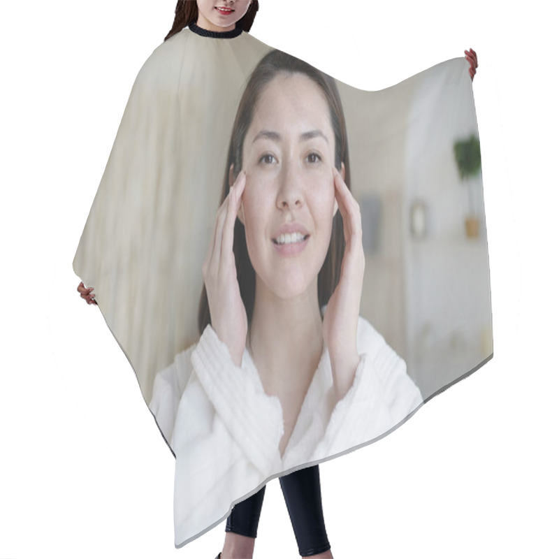 Personality  Attractive Multi Ethnic Lady Looking In Mirror Touching Healthy Soft Face Skin In Bathroom. Young Mixed Race Asian Woman Doing Massage Satisfied With Facial Procedures Skincare Concept. Hair Cutting Cape