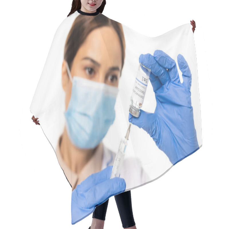 Personality  Selective Focus Of Doctor In Latex Gloves Picking Up Coronavirus Vaccine In Syringe Isolated On White Hair Cutting Cape