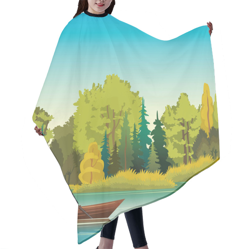 Personality  Summer Landscape - Boat, Lake And Forest. Hair Cutting Cape