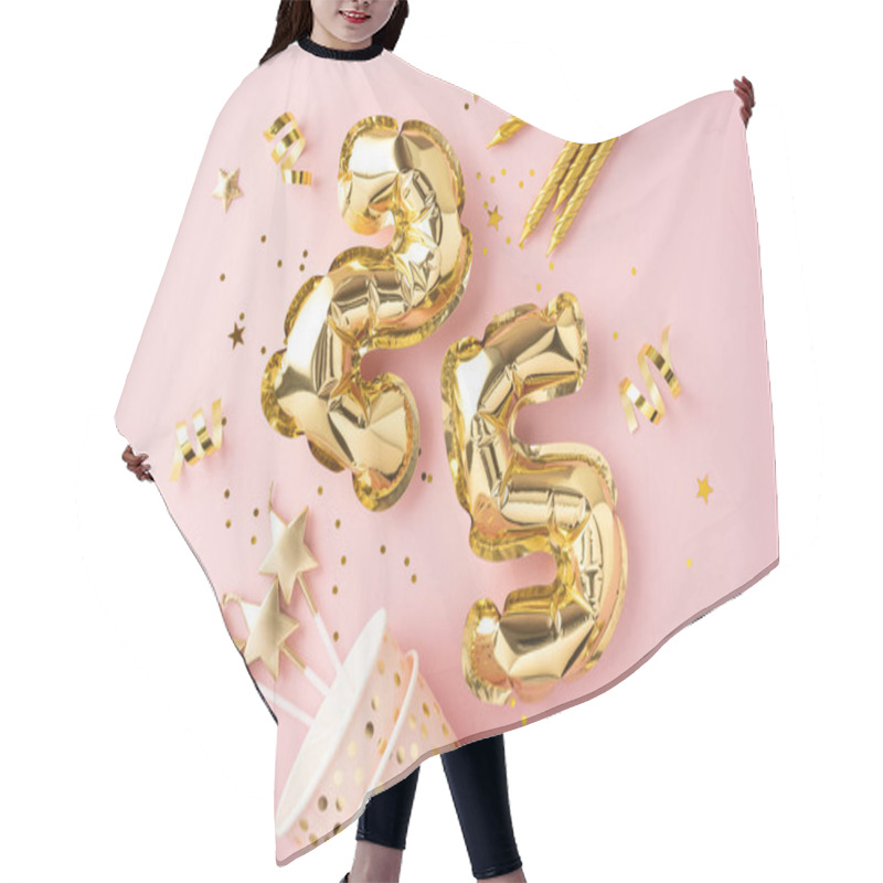 Personality  Festive Gold Balloons Shaped As The Number 25 On A Pink Background With Party Decorations, Symbolizing A Joyful 35th Birthday Celebration Hair Cutting Cape