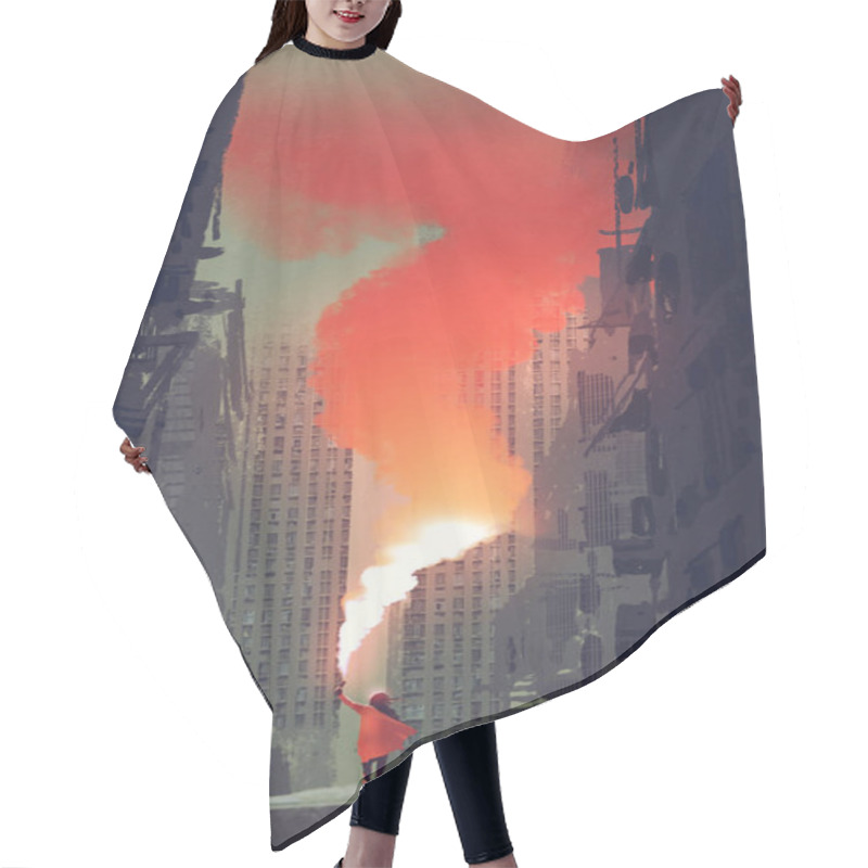 Personality  Woman Holding Red Smoke Flare On Street In Abandoned City Hair Cutting Cape