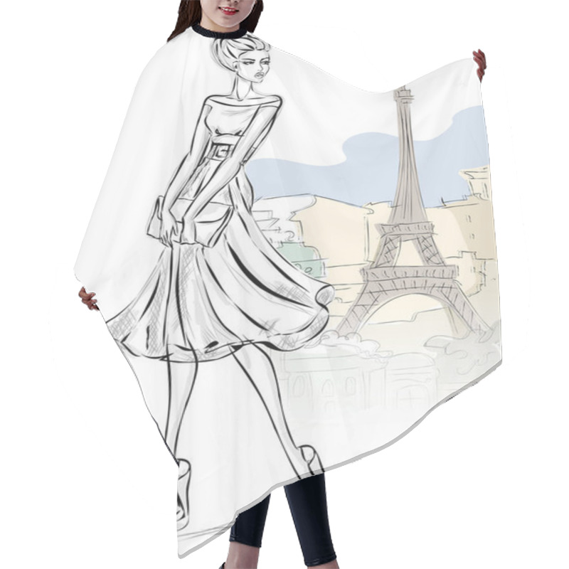 Personality  Sketch Style Fashion Woman Near Eiffel Tower In Paris, Beautiful Girl At City Background Vector Illustration Hair Cutting Cape