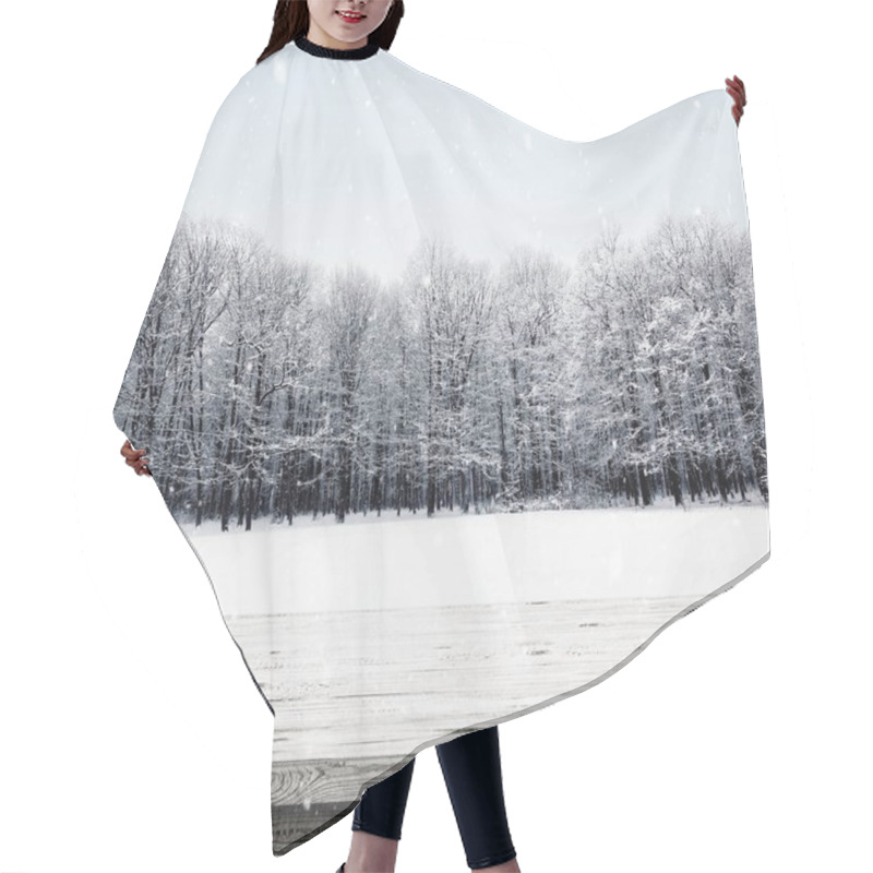 Personality  Wooden Table Over Winter Snow Covered Forest. Beauty Nature Background Hair Cutting Cape