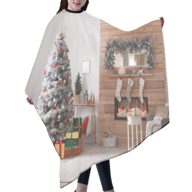 Personality  Beautiful Interior Of Living Room With Decorated Christmas Tree Hair Cutting Cape