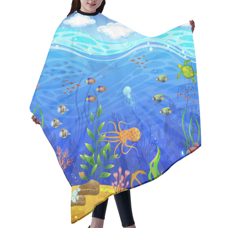 Personality  Underwater World. Sea Bottom, Plants, Inhabitants Of The Sea, Anchor, Underwater Helmet. Hair Cutting Cape