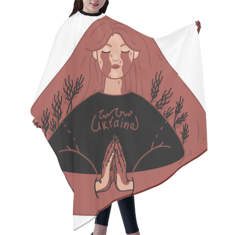 Personality  Illustration Of Crying Ukrainian Woman In Sweater With Ukraine Lettering Praying With Closed Eyes  Hair Cutting Cape