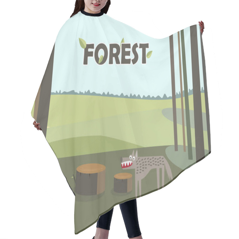 Personality  Wolf In Forest. Tree Stumps. Cartoon Vector With Forest Background. Hair Cutting Cape