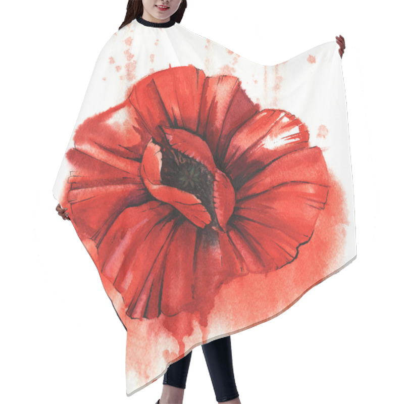 Personality  Blood-red Poppy Flower Head With Seed-box Isolated On White Background With Red Smudges. Hand Drawn With Watercolors On Textured Paper. Brush Stroke Floral Illustration With Wet Ink Effect. Top View. Hair Cutting Cape