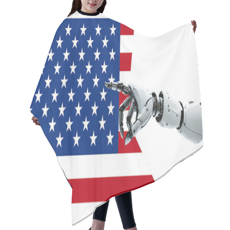 Personality  Flag Of The United States Of America And Robot Arm With Hand Pointing, AI Technology, White Humanoid Android, Artificial Intelligence, Autonomous Robot Design Hair Cutting Cape