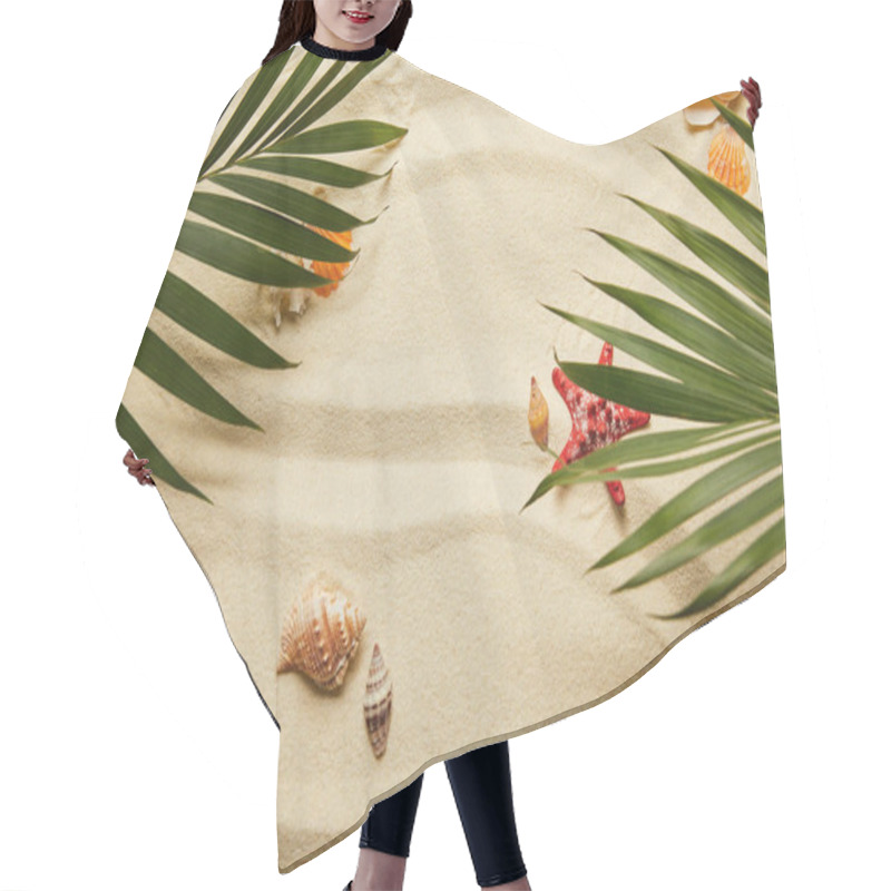 Personality  Top View Of Green Palm Leaves Near Red Starfish And Seashells On Sandy Beach  Hair Cutting Cape