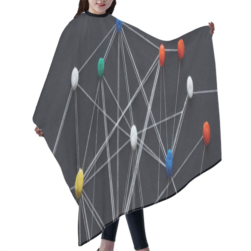 Personality  Panoramic Shot Of Push Pins Connected With Strings Isolated On Black, Network Concept Hair Cutting Cape