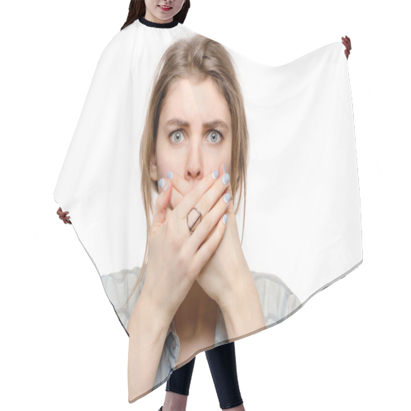 Personality  Blue-eye Woman Covers Her Mouth With Her Hands Hair Cutting Cape