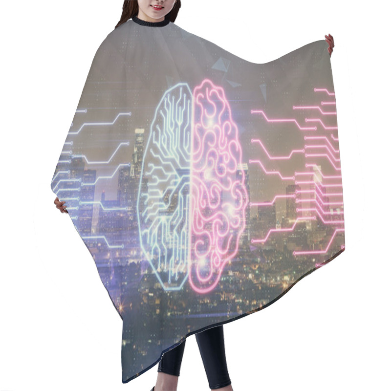 Personality  Brain Hologram Drawing On City Scape Background Double Exposure. Brainstorming Concept. Hair Cutting Cape