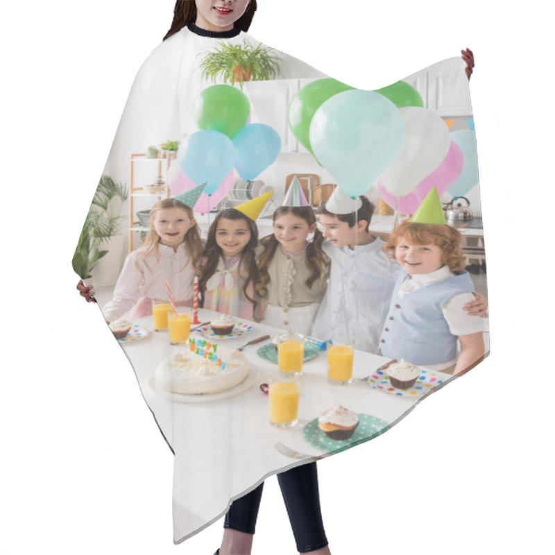 Personality  Group Of Happy Children Singing Happy Birthday Song Next To Cake With Candles And Balloons  Hair Cutting Cape