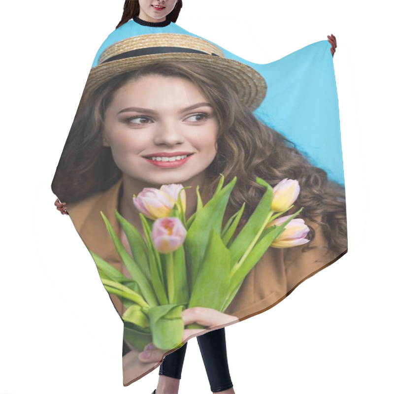 Personality  Happy Young Woman In Canotier Hat And Jacket Holding Bouquet Of Beautiful Tulips Hair Cutting Cape