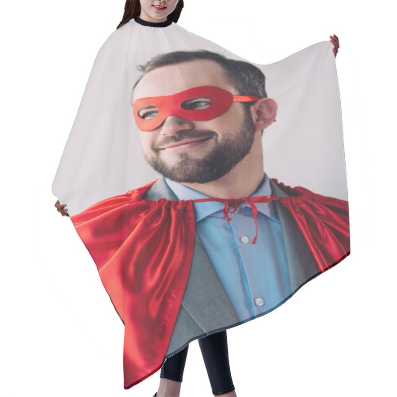 Personality  Portrait Of Smiling Handsome Super Businessman In Mask And Cape Isolated On White Hair Cutting Cape