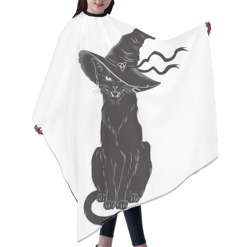 Personality  Black Cat With Pointy Witch Hat Line Art And Dot Work. Wiccan Familiar Spirit, Halloween Or Pagan Witchcraft Theme Tapestry Print Design Vector Illustration Hair Cutting Cape