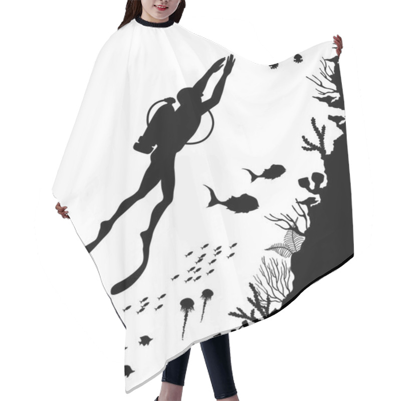 Personality  Silhouette Of Diver And Reef Underwater Wildlif Hair Cutting Cape