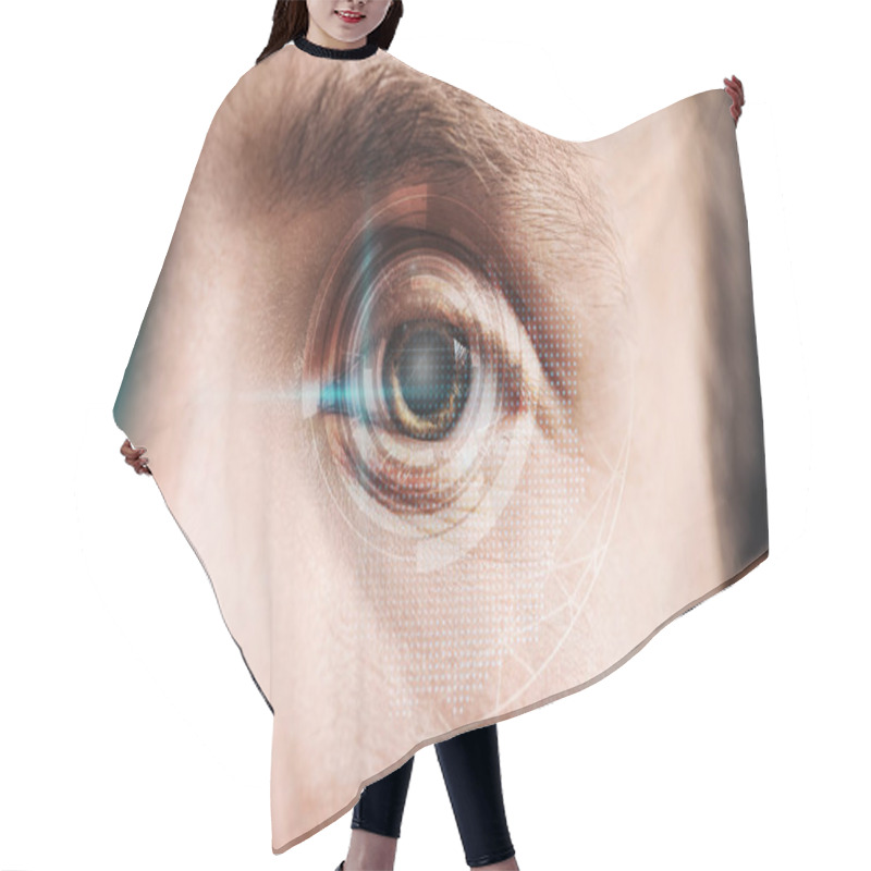 Personality  Close Up View Of Human Eye With Data Illustration, Robotic Concept Hair Cutting Cape