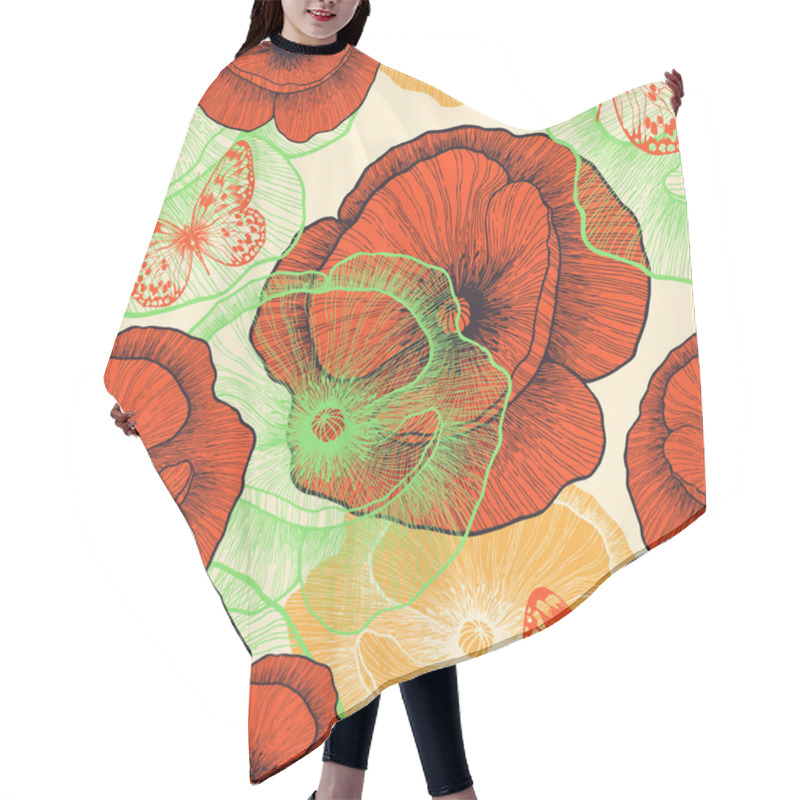 Personality  Seamless Pattern With Red Poppies And Butterflies, Hand-drawing. Hair Cutting Cape