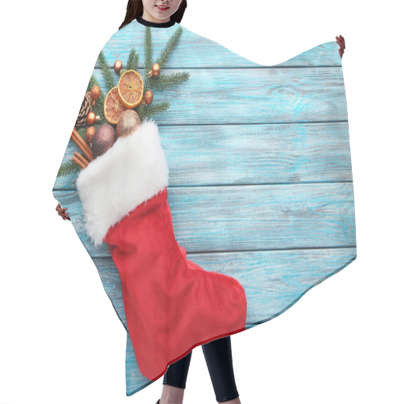 Personality  Red Stocking With Fir-tree Branches And Christmas Decorations On Wooden Table Hair Cutting Cape