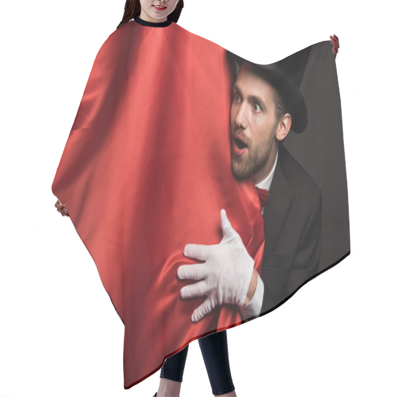 Personality  Handsome Emotional Magician In Suit And Hat In Circus With Red Curtains Hair Cutting Cape