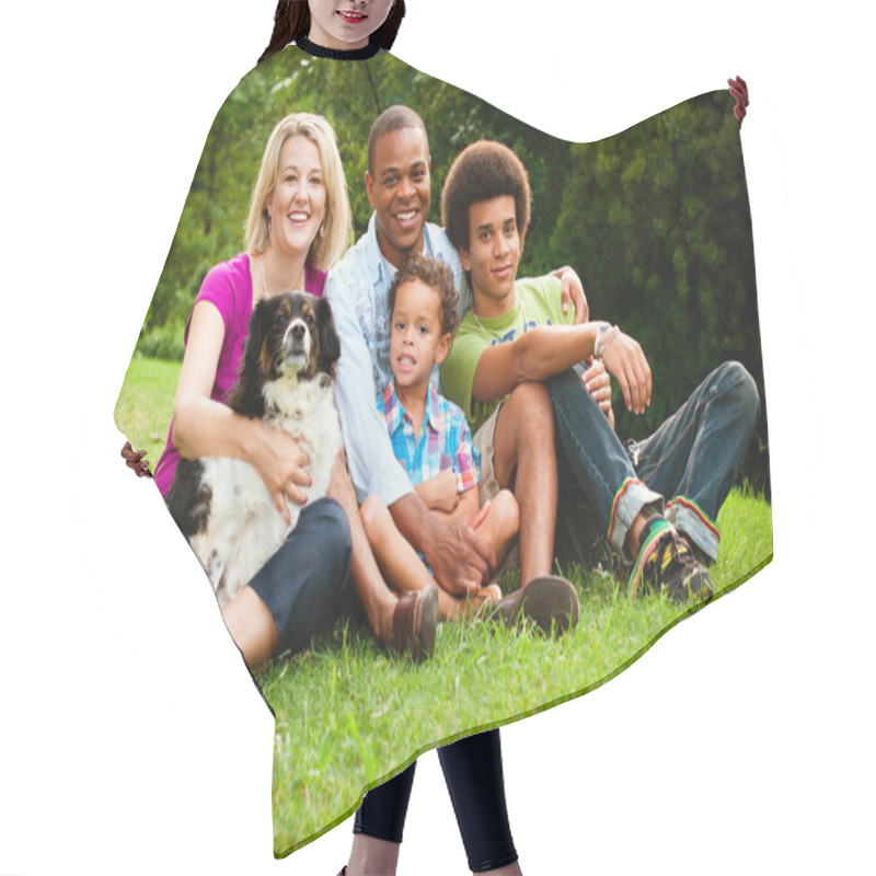 Personality  Portrait Of Mixed Race Family At Park Hair Cutting Cape