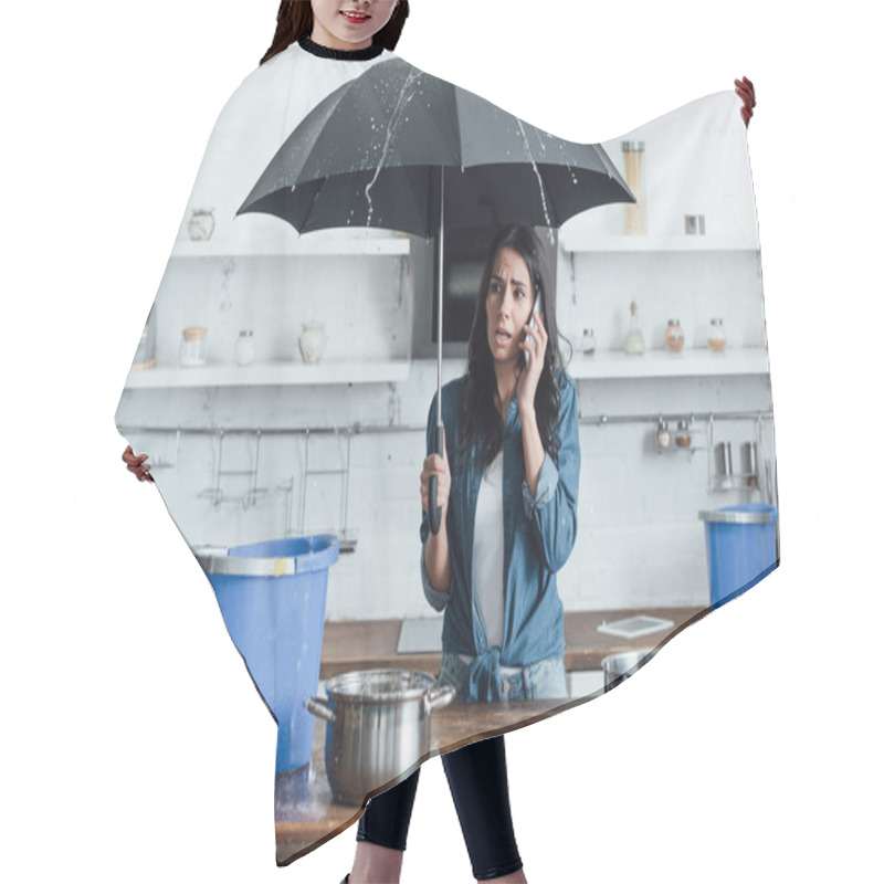 Personality  Upset Woman Standing Under Umbrella In Kitchen And Calling Plumber Hair Cutting Cape