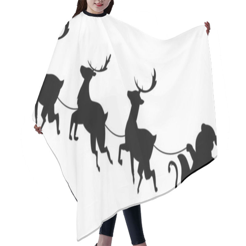 Personality  Santa Claus Flying In Sleigh With Reindeer. Black Silhouette Christmas Illustration Isolated On White Background. Hair Cutting Cape