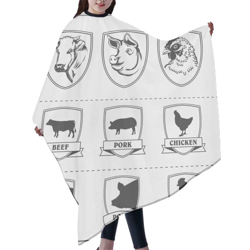 Personality  Heads And Silhouettes Of Farm Animals In Frames. Cow, Pig And Chicken. Vector Monochrome Design. Hair Cutting Cape