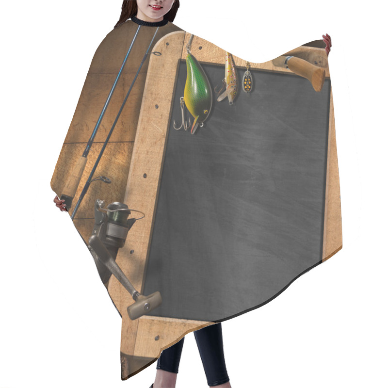 Personality  Fishing Tackle With Empty Blackboard Hair Cutting Cape