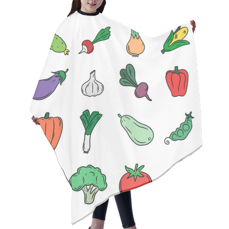 Personality  Set Of Vegetables. Hand Drawn Vector Illustration In Doodle Style, Isolated On A A White Background. Hair Cutting Cape