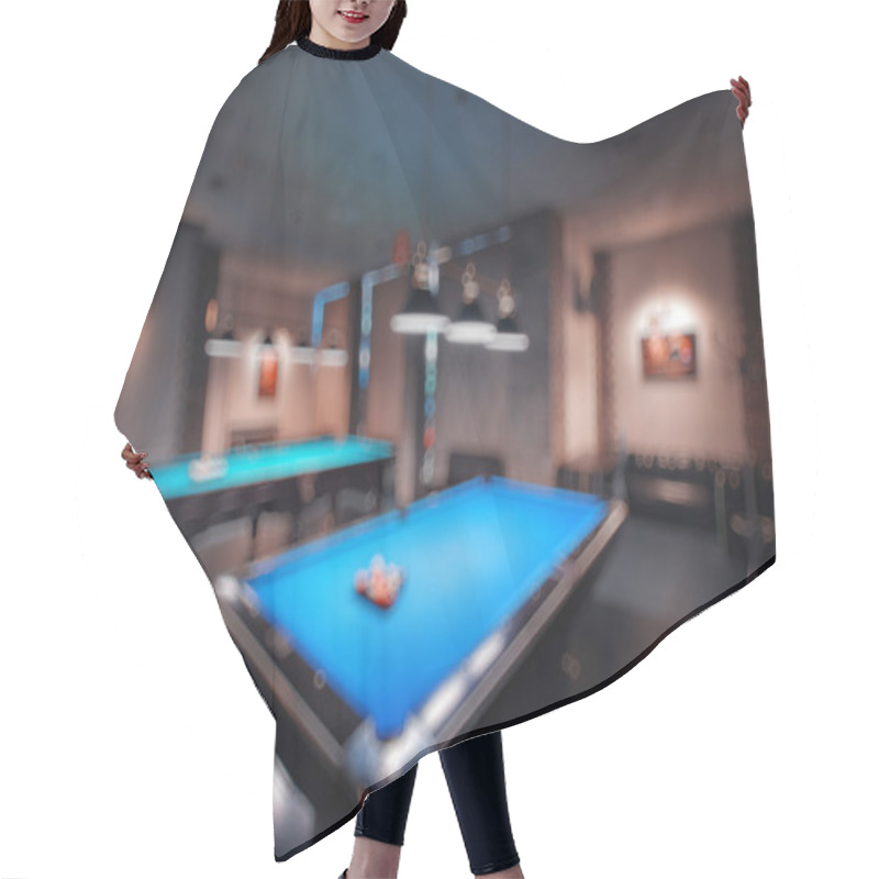 Personality  Abstract Blur. Brand New And Modern Billiard Interior In Night Time Hair Cutting Cape