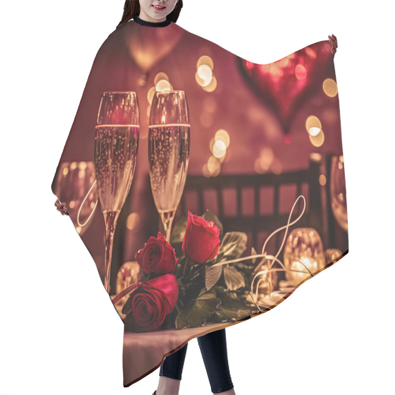 Personality  A Beautifully Arranged Dinner Table For A Romantic Evening Featuring Champagne Glasses, Roses, Balloons, And Other Decorative Items Hair Cutting Cape