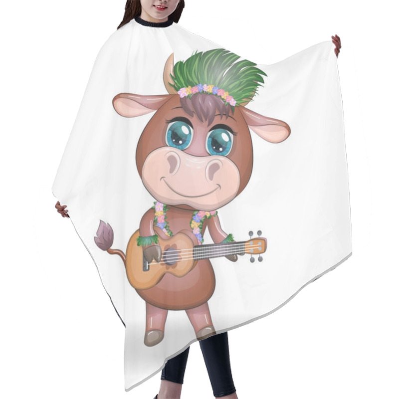 Personality  Cute Cartoon Bull, Cow With Beautiful Eyes, Hawaiian Hula Dancer Character With Ukulele Guitar Among Leaves, Flowers. Tropical New Year Chinese Cute Bull Mascot 2021 Hair Cutting Cape