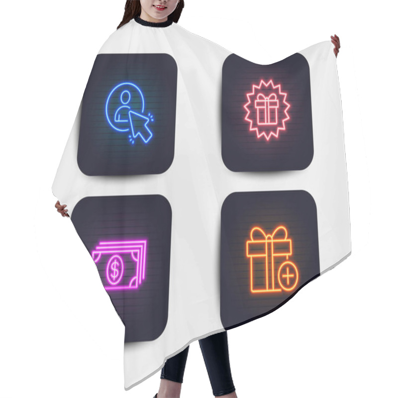 Personality  Neon Glow Lights. Set Of Surprise Gift, User And Banking Icons. Add Gift Sign. Shopping Offer, Project Manager, Money Payment. Present Box.  Neon Icons. Glowing Light Banners. Vector Hair Cutting Cape