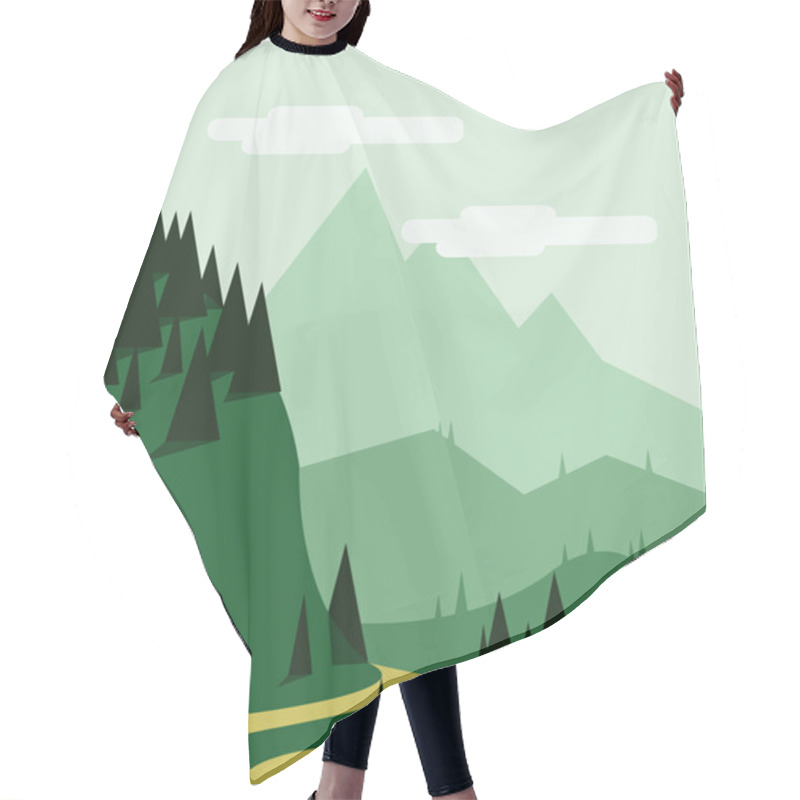 Personality  Abstract Landscape With Pine Trees, An Yellow Curved Road, A Tunnel Entry, Green Hills And Mountains, Over A Light Green Background With White Clouds. Digital Vector Image. Hair Cutting Cape